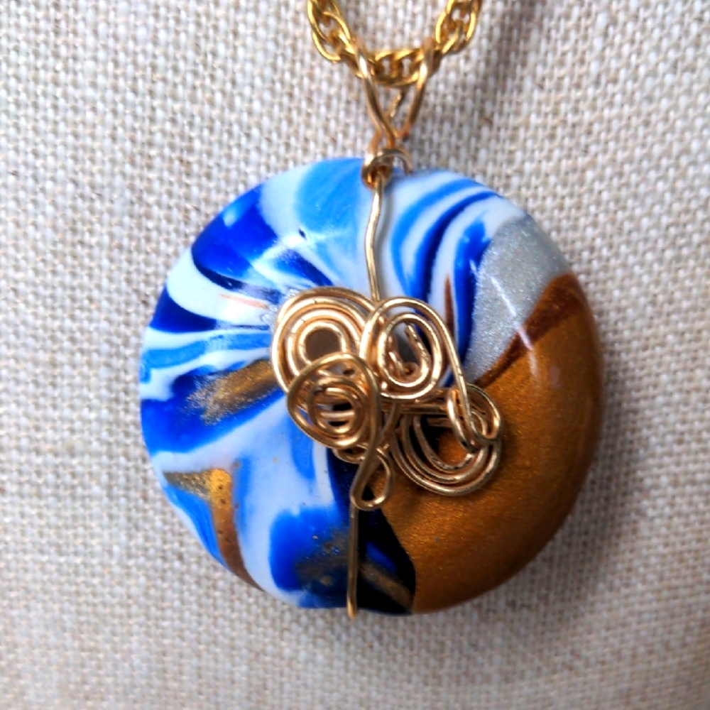 New Blue & Gold Wire Wrapped Pendant Necklace. Unique 27" Gold Chain
